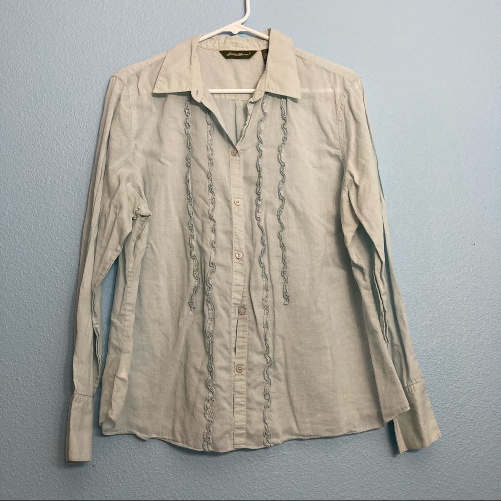 Vintage Eddie Bauer Ruffle Button Down Blouse - Baby Blue - Womens XL
